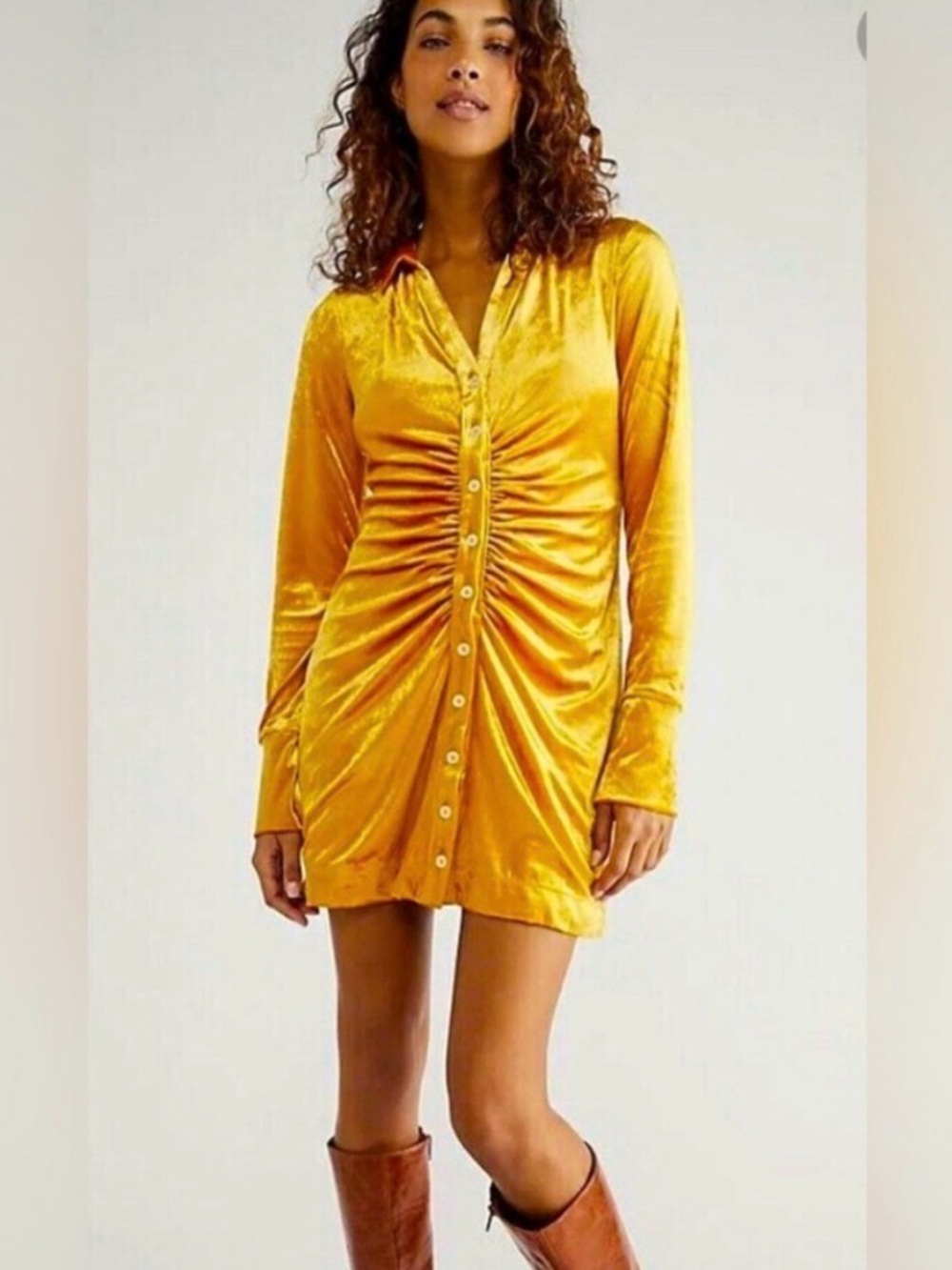 Free People Shayla gold velvet button down dress M EUC